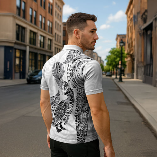 Aotearoa Moko Tribal Tattoo Zipper Polo Shirt New Zealand Maori Penguin and Fantail White Color