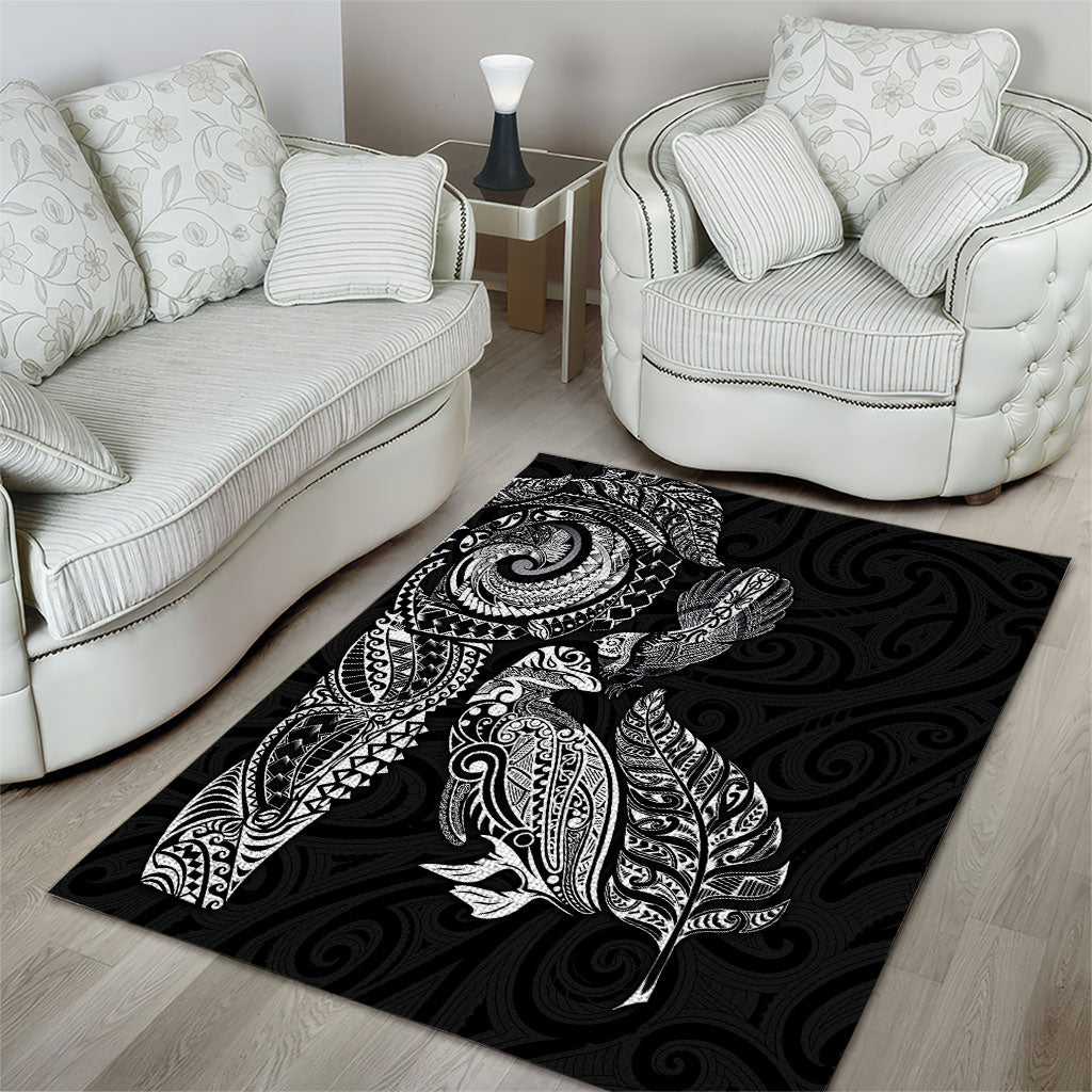 Aotearoa Moko Tribal Tattoo Area Rug New Zealand Maori Penguin and Fantail Black Color