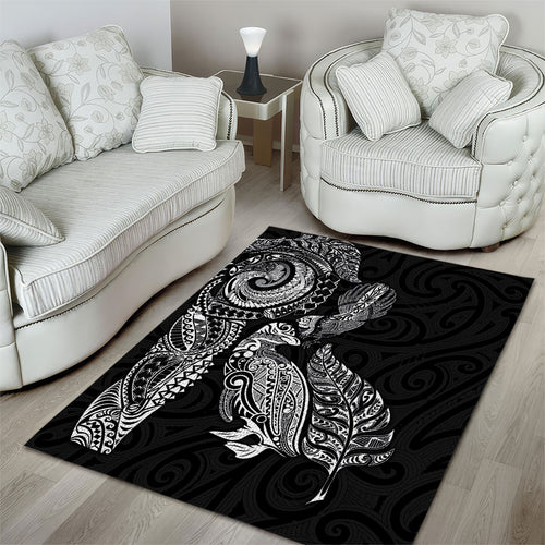 Aotearoa Moko Tribal Tattoo Area Rug New Zealand Maori Penguin and Fantail Black Color