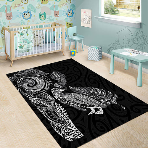 Aotearoa Moko Tribal Tattoo Area Rug New Zealand Maori Penguin and Fantail Black Color