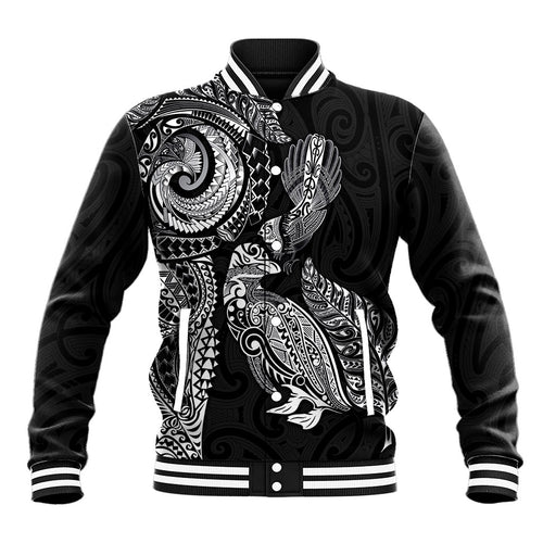 Aotearoa Moko Tribal Tattoo Baseball Jacket New Zealand Maori Penguin and Fantail Black Color