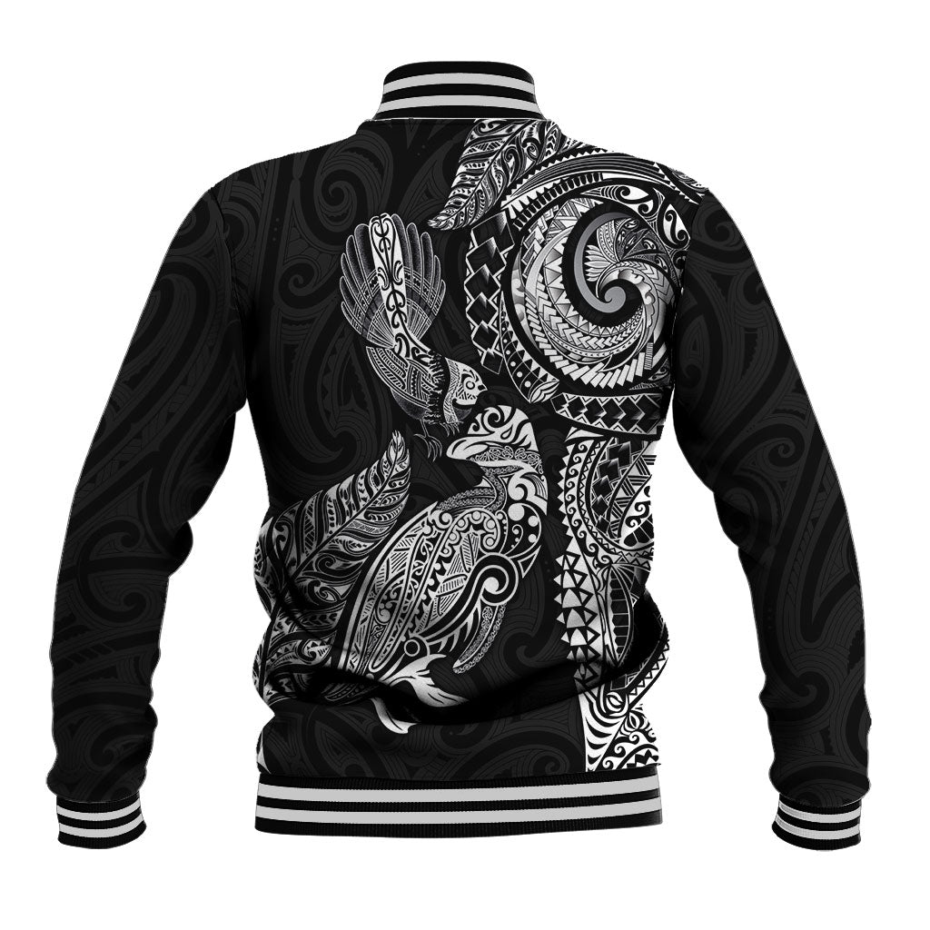 Aotearoa Moko Tribal Tattoo Baseball Jacket New Zealand Maori Penguin and Fantail Black Color