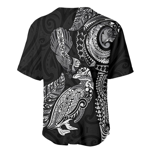 Aotearoa Moko Tribal Tattoo Baseball Jersey New Zealand Maori Penguin and Fantail Black Color
