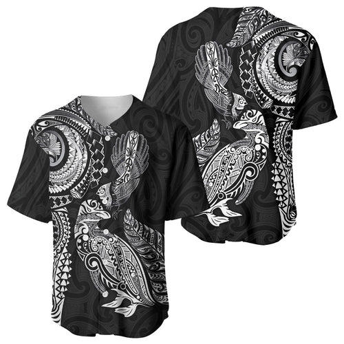Aotearoa Moko Tribal Tattoo Baseball Jersey New Zealand Maori Penguin and Fantail Black Color
