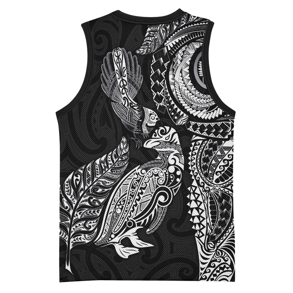 Aotearoa Moko Tribal Tattoo Basketball Jersey New Zealand Maori Penguin and Fantail Black Color