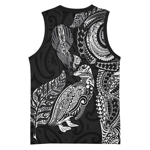 Aotearoa Moko Tribal Tattoo Basketball Jersey New Zealand Maori Penguin and Fantail Black Color