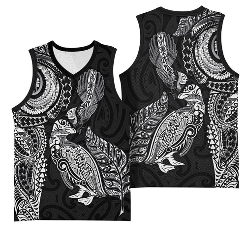 Aotearoa Moko Tribal Tattoo Basketball Jersey New Zealand Maori Penguin and Fantail Black Color