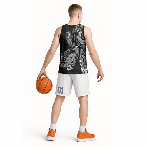 Aotearoa Moko Tribal Tattoo Basketball Jersey New Zealand Maori Penguin and Fantail Black Color