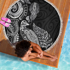 Aotearoa Moko Tribal Tattoo Beach Blanket New Zealand Maori Penguin and Fantail Black Color