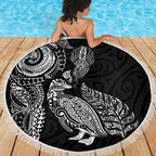 Aotearoa Moko Tribal Tattoo Beach Blanket New Zealand Maori Penguin and Fantail Black Color