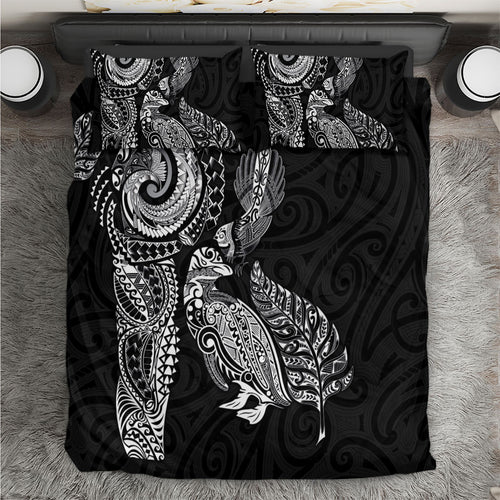 Aotearoa Moko Tribal Tattoo Bedding Set New Zealand Maori Penguin and Fantail Black Color