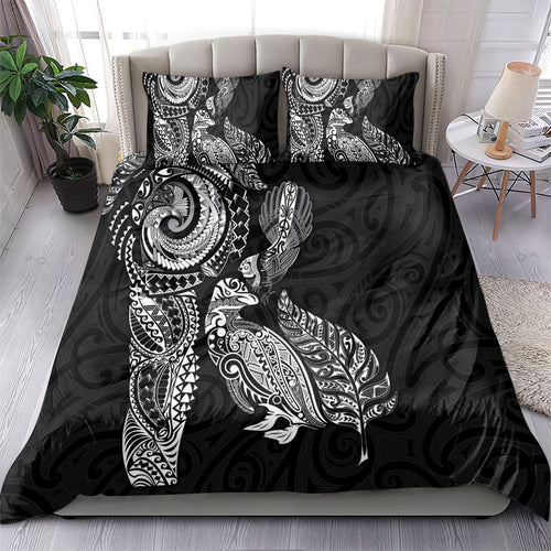 Aotearoa Moko Tribal Tattoo Bedding Set New Zealand Maori Penguin and Fantail Black Color