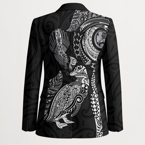 Aotearoa Moko Tribal Tattoo Blazer New Zealand Maori Penguin and Fantail Black Color