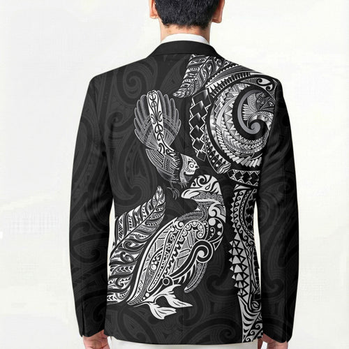 Aotearoa Moko Tribal Tattoo Blazer New Zealand Maori Penguin and Fantail Black Color