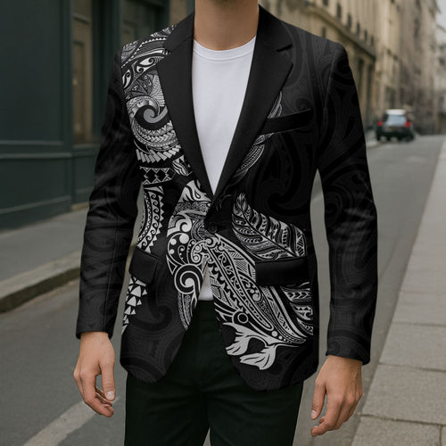 Aotearoa Moko Tribal Tattoo Blazer New Zealand Maori Penguin and Fantail Black Color