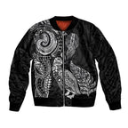 Aotearoa Moko Tribal Tattoo Bomber Jacket New Zealand Maori Penguin and Fantail Black Color