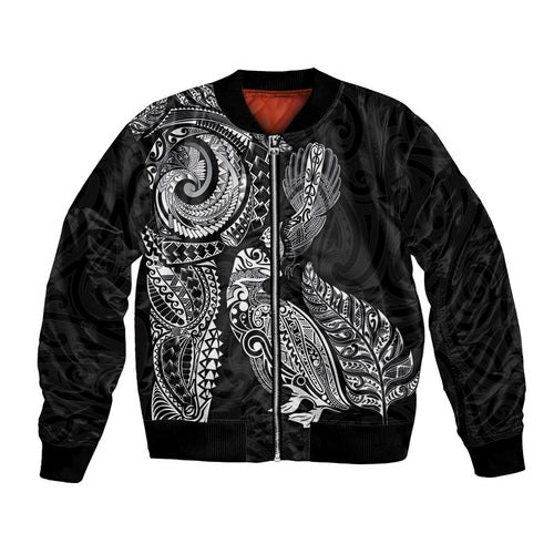 Aotearoa Moko Tribal Tattoo Bomber Jacket New Zealand Maori Penguin and Fantail Black Color