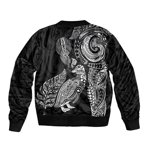 Aotearoa Moko Tribal Tattoo Bomber Jacket New Zealand Maori Penguin and Fantail Black Color