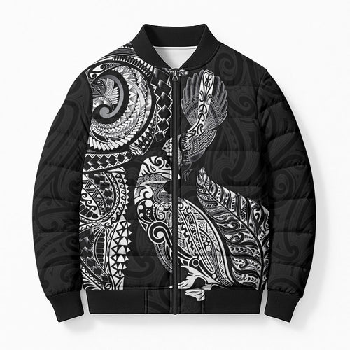 Aotearoa Moko Tribal Tattoo Bomber Puffer Jacket New Zealand Maori Penguin and Fantail Black Color