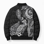 Aotearoa Moko Tribal Tattoo Bomber Puffer Jacket New Zealand Maori Penguin and Fantail Black Color