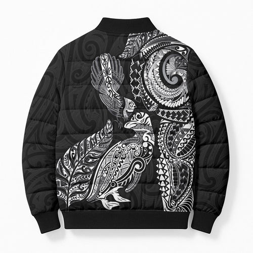 Aotearoa Moko Tribal Tattoo Bomber Puffer Jacket New Zealand Maori Penguin and Fantail Black Color