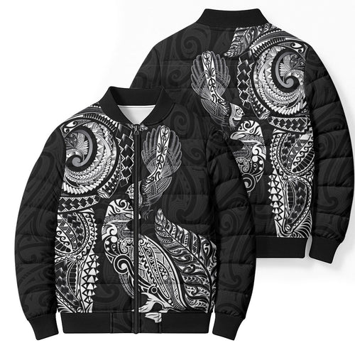 Aotearoa Moko Tribal Tattoo Bomber Puffer Jacket New Zealand Maori Penguin and Fantail Black Color