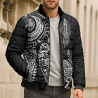 Aotearoa Moko Tribal Tattoo Bomber Puffer Jacket New Zealand Maori Penguin and Fantail Black Color