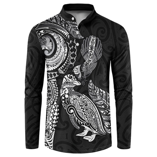 Aotearoa Moko Tribal Tattoo Button Sweatshirt New Zealand Maori Penguin and Fantail Black Color