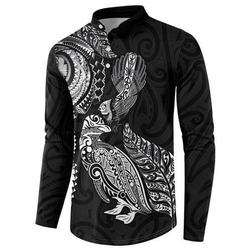 Aotearoa Moko Tribal Tattoo Button Sweatshirt New Zealand Maori Penguin and Fantail Black Color