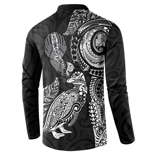 Aotearoa Moko Tribal Tattoo Button Sweatshirt New Zealand Maori Penguin and Fantail Black Color