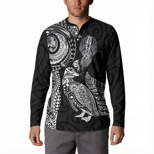 Aotearoa Moko Tribal Tattoo Button Sweatshirt New Zealand Maori Penguin and Fantail Black Color