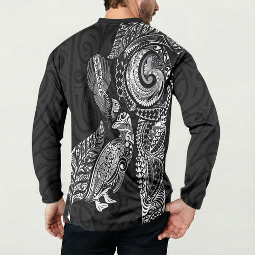 Aotearoa Moko Tribal Tattoo Button Sweatshirt New Zealand Maori Penguin and Fantail Black Color