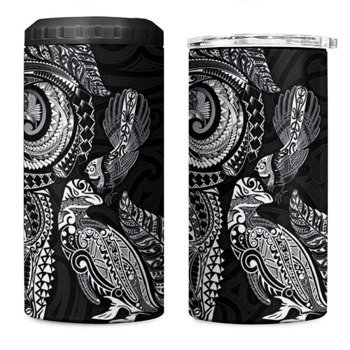 Aotearoa Moko Tribal Tattoo 4 in 1 Can Cooler Tumbler New Zealand Maori Penguin and Fantail Black Color