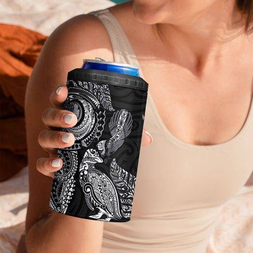 Aotearoa Moko Tribal Tattoo 4 in 1 Can Cooler Tumbler New Zealand Maori Penguin and Fantail Black Color