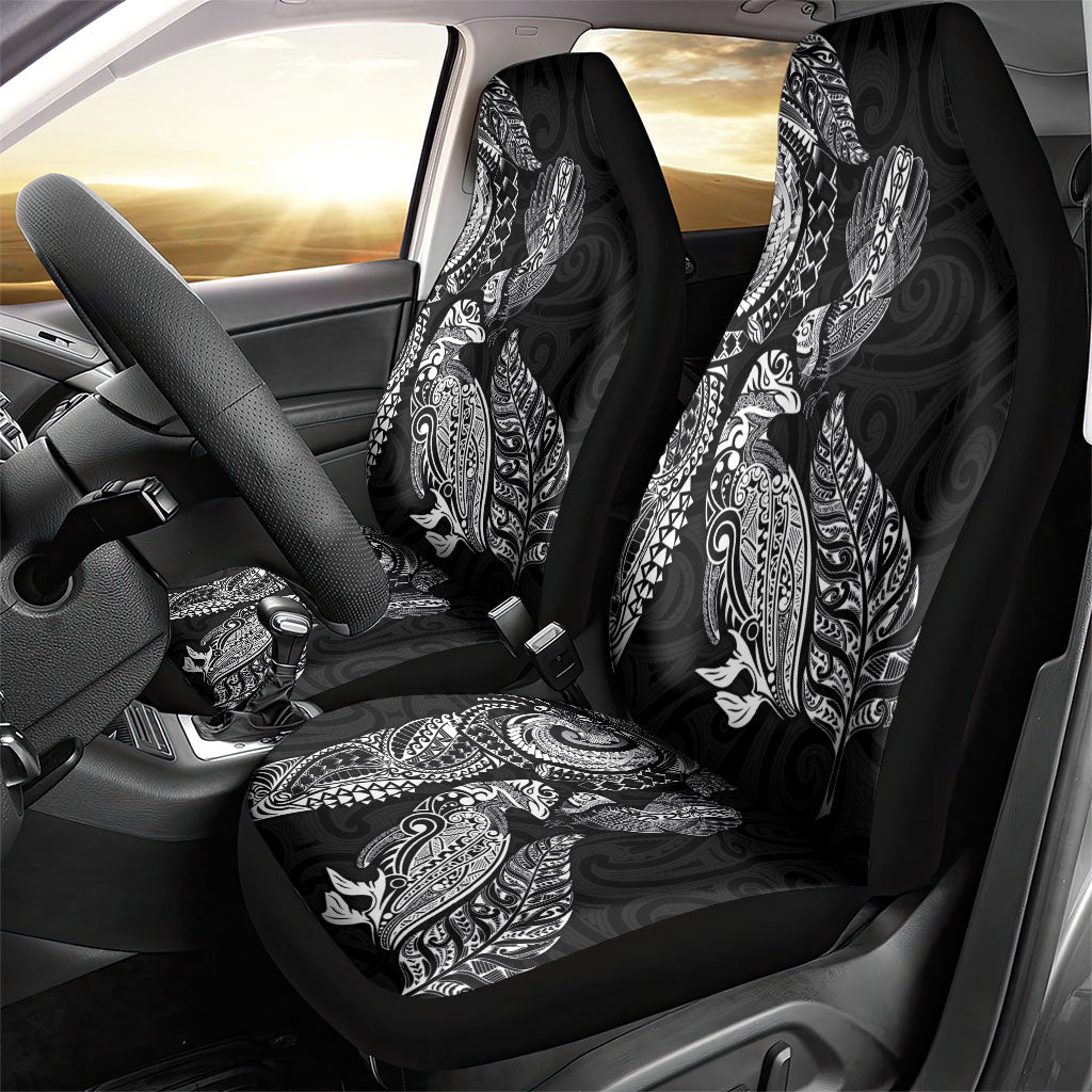 Aotearoa Moko Tribal Tattoo Car Seat Cover New Zealand Maori Penguin and Fantail Black Color
