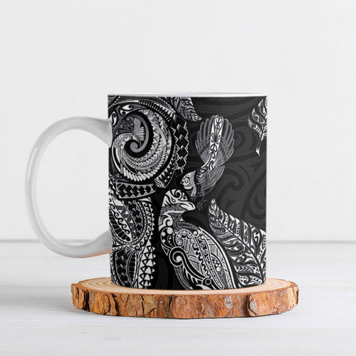 Aotearoa Moko Tribal Tattoo Ceramic Mug New Zealand Maori Penguin and Fantail Black Color