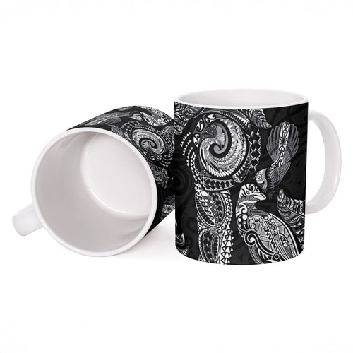Aotearoa Moko Tribal Tattoo Ceramic Mug New Zealand Maori Penguin and Fantail Black Color