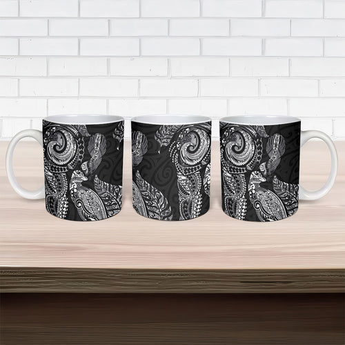 Aotearoa Moko Tribal Tattoo Ceramic Mug New Zealand Maori Penguin and Fantail Black Color