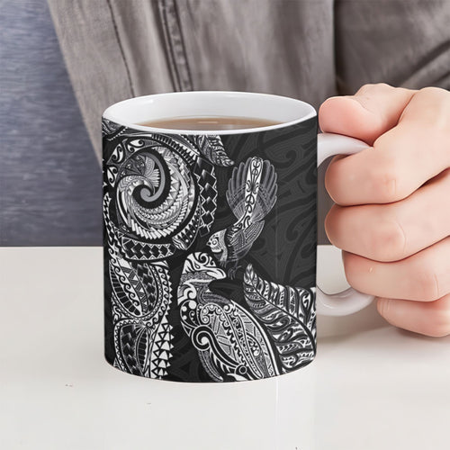 Aotearoa Moko Tribal Tattoo Ceramic Mug New Zealand Maori Penguin and Fantail Black Color