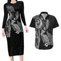 Aotearoa Moko Tribal Tattoo Couples Matching Long Sleeve Bodycon Dress and Hawaiian Shirt New Zealand Maori Penguin and Fantail Black Color