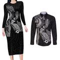 Aotearoa Moko Tribal Tattoo Couples Matching Long Sleeve Bodycon Dress and Long Sleeve Button Shirt New Zealand Maori Penguin and Fantail Black Color