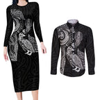 Aotearoa Moko Tribal Tattoo Couples Matching Long Sleeve Bodycon Dress and Long Sleeve Button Shirt New Zealand Maori Penguin and Fantail Black Color