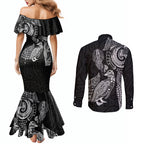 Aotearoa Moko Tribal Tattoo Couples Matching Mermaid Dress and Long Sleeve Button Shirt New Zealand Maori Penguin and Fantail Black Color