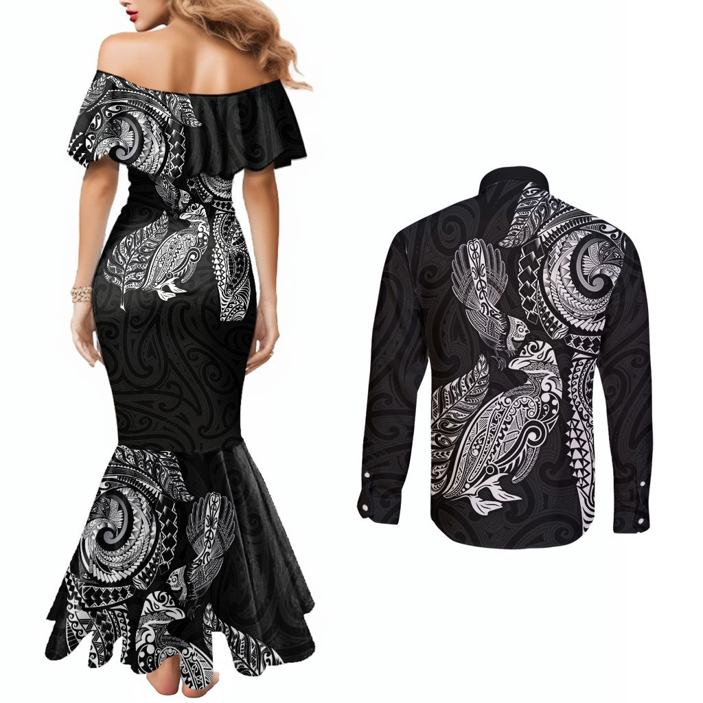Aotearoa Moko Tribal Tattoo Couples Matching Mermaid Dress and Long Sleeve Button Shirt New Zealand Maori Penguin and Fantail Black Color