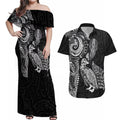 Aotearoa Moko Tribal Tattoo Couples Matching Off Shoulder Maxi Dress and Hawaiian Shirt New Zealand Maori Penguin and Fantail Black Color