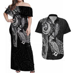 Aotearoa Moko Tribal Tattoo Couples Matching Off Shoulder Maxi Dress and Hawaiian Shirt New Zealand Maori Penguin and Fantail Black Color