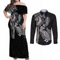Aotearoa Moko Tribal Tattoo Couples Matching Off Shoulder Maxi Dress and Long Sleeve Button Shirt New Zealand Maori Penguin and Fantail Black Color