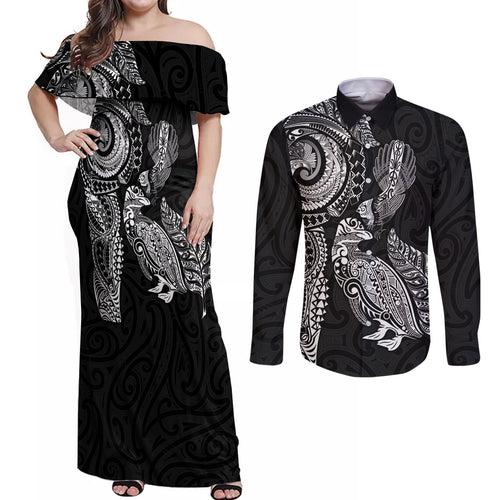 Aotearoa Moko Tribal Tattoo Couples Matching Off Shoulder Maxi Dress and Long Sleeve Button Shirt New Zealand Maori Penguin and Fantail Black Color