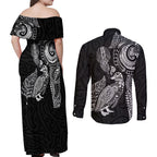 Aotearoa Moko Tribal Tattoo Couples Matching Off Shoulder Maxi Dress and Long Sleeve Button Shirt New Zealand Maori Penguin and Fantail Black Color
