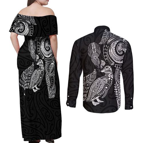 Aotearoa Moko Tribal Tattoo Couples Matching Off Shoulder Maxi Dress and Long Sleeve Button Shirt New Zealand Maori Penguin and Fantail Black Color